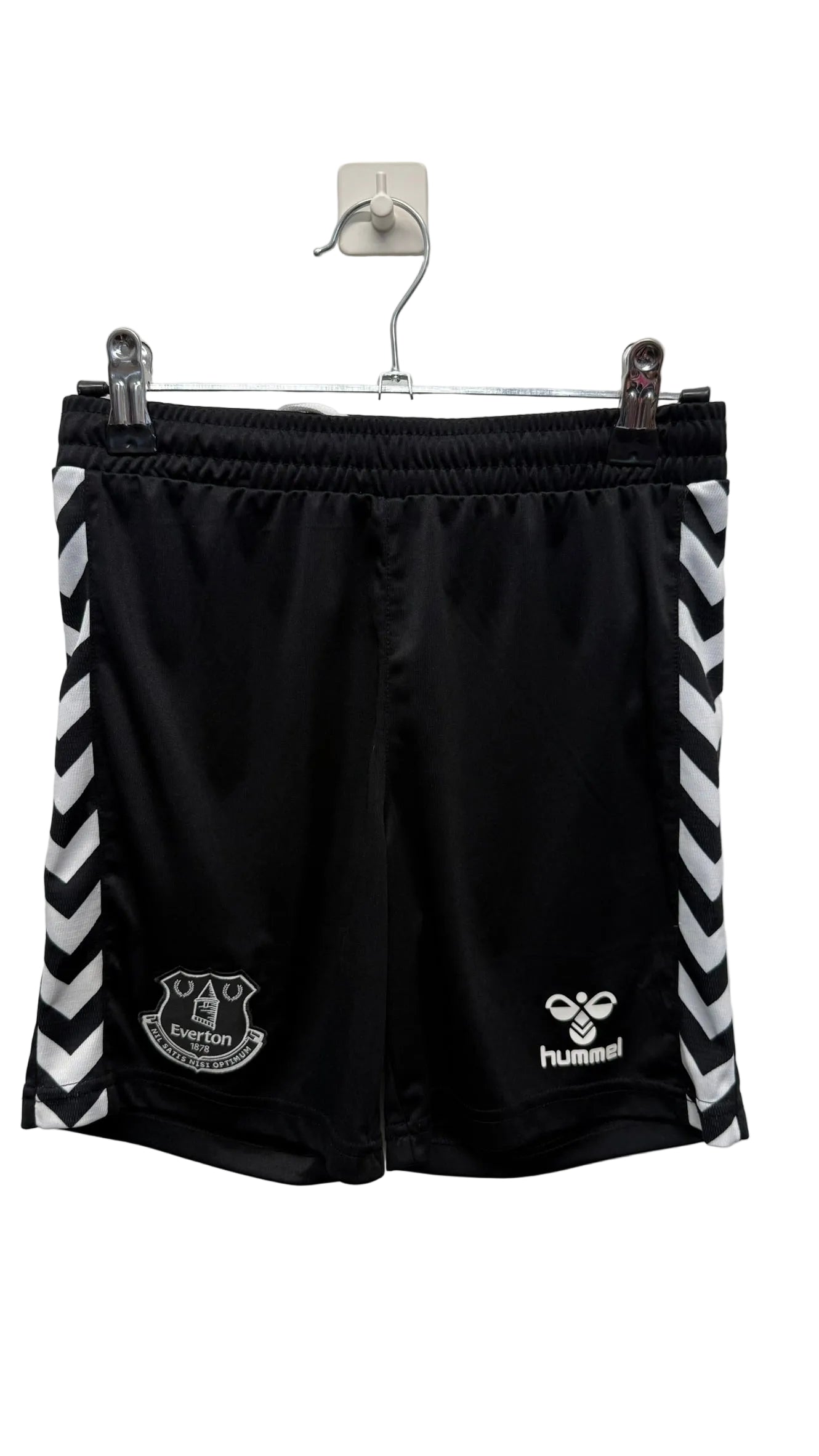 Everton kids football shorts by Hummel with club crest and chevron side detail