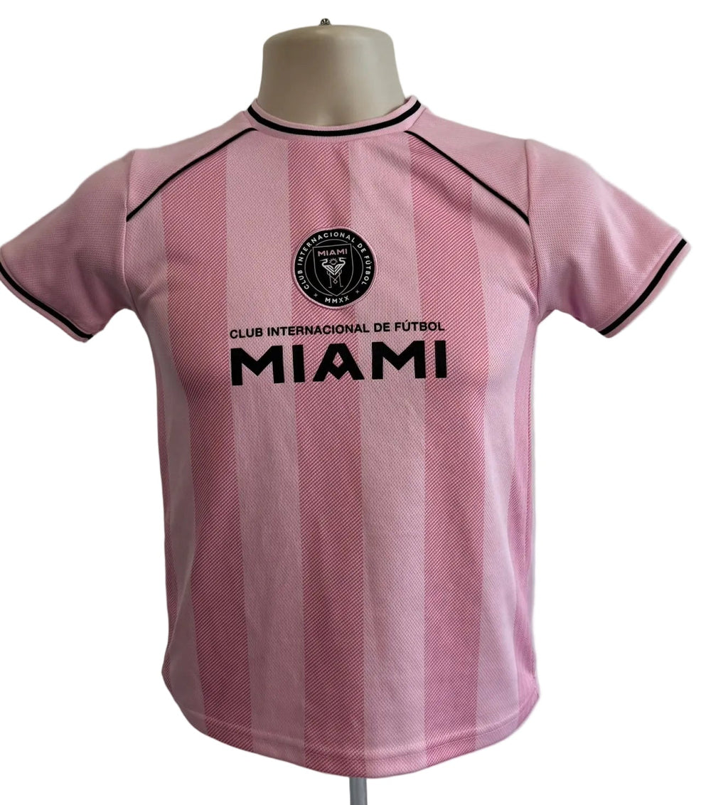 Front view of Inter Miami kids football shirt with club logo and MIAMI print