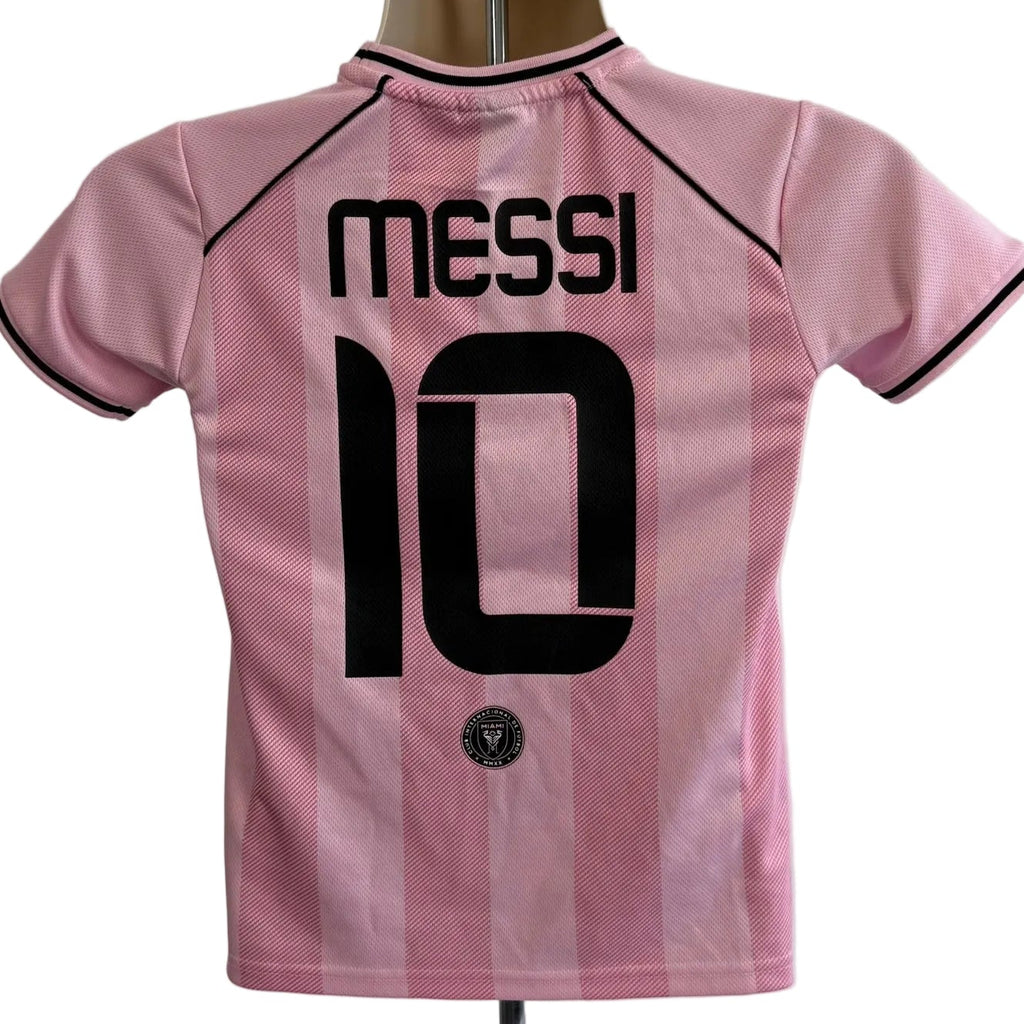Back view of Inter Miami kids football shirt featuring Messi name and number 10