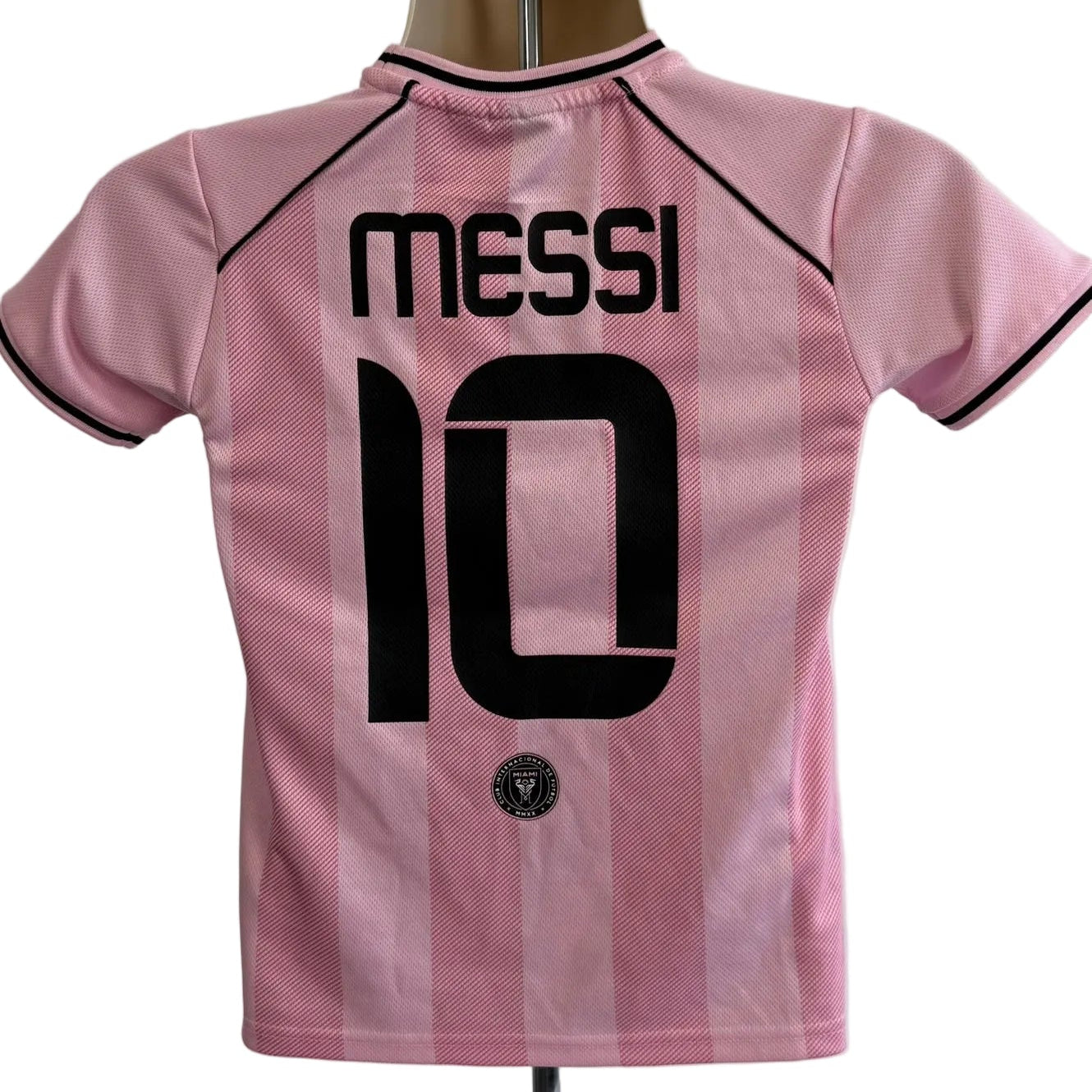 Back view of Inter Miami kids football shirt featuring Messi name and number 10
