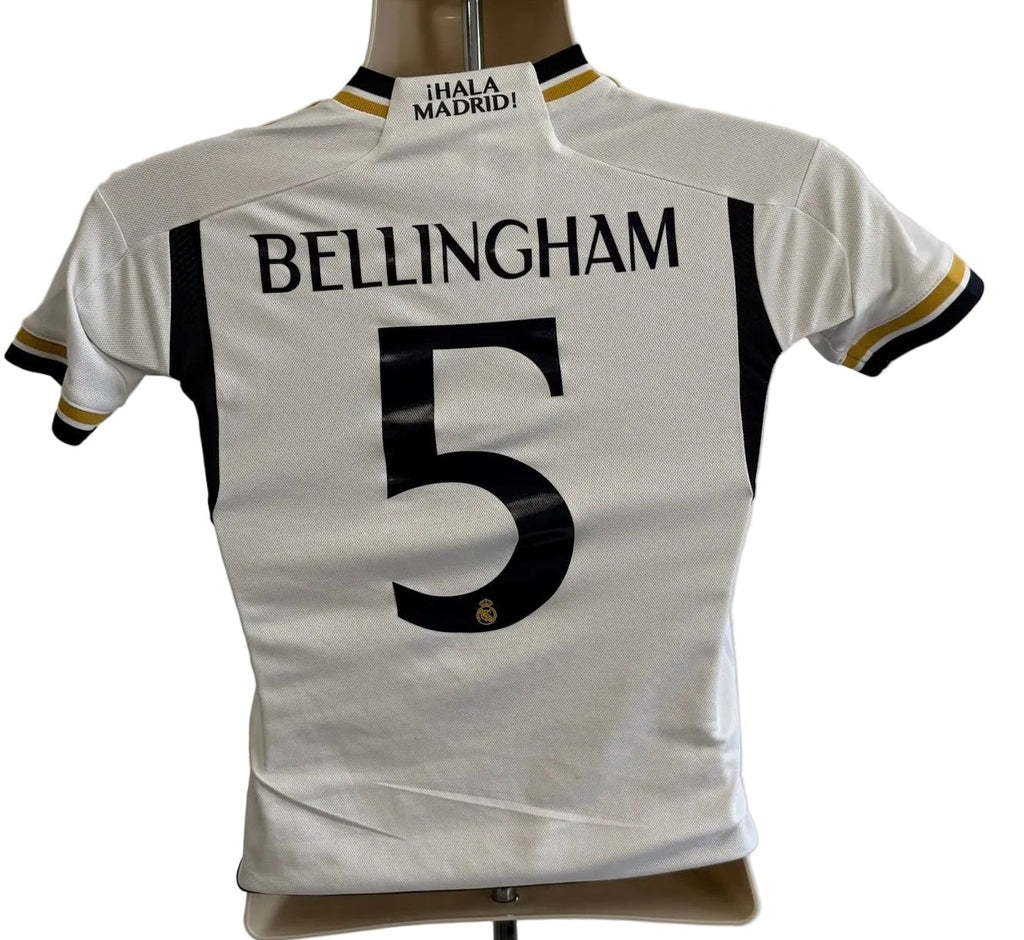 Back of Real Madrid kids shirt featuring Bellingham name and number 5