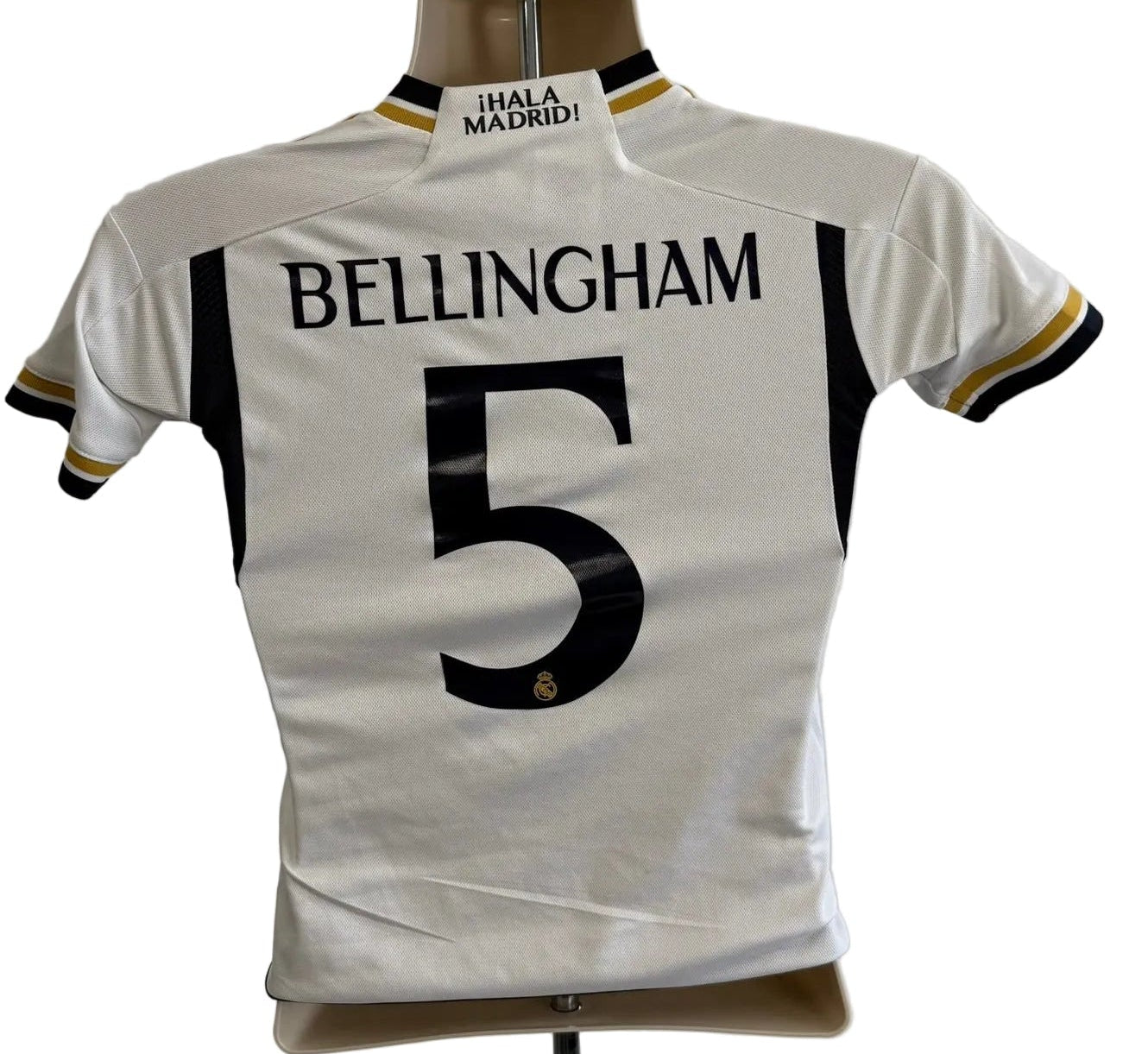 Back of Real Madrid kids shirt featuring Bellingham name and number 5