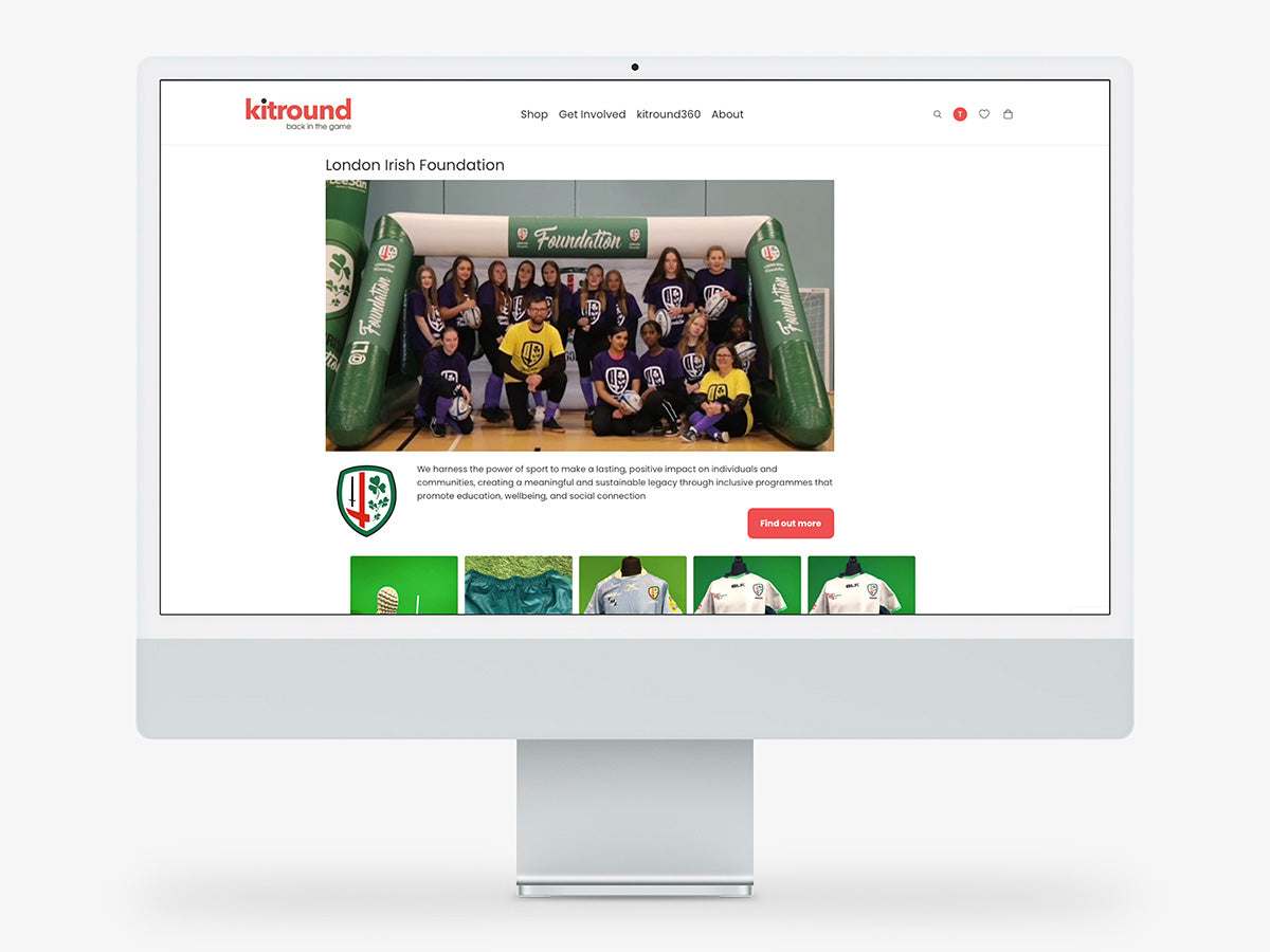 Computer monitor displaying the kitround website with a focus on the London Irish Foundation.