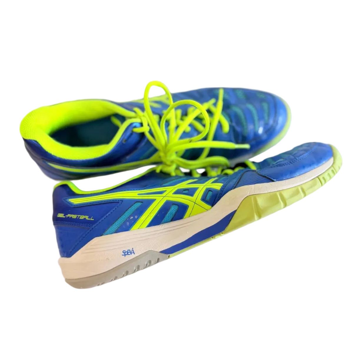 Side view of ASICS Gel Fastball blue and yellow indoor shoes