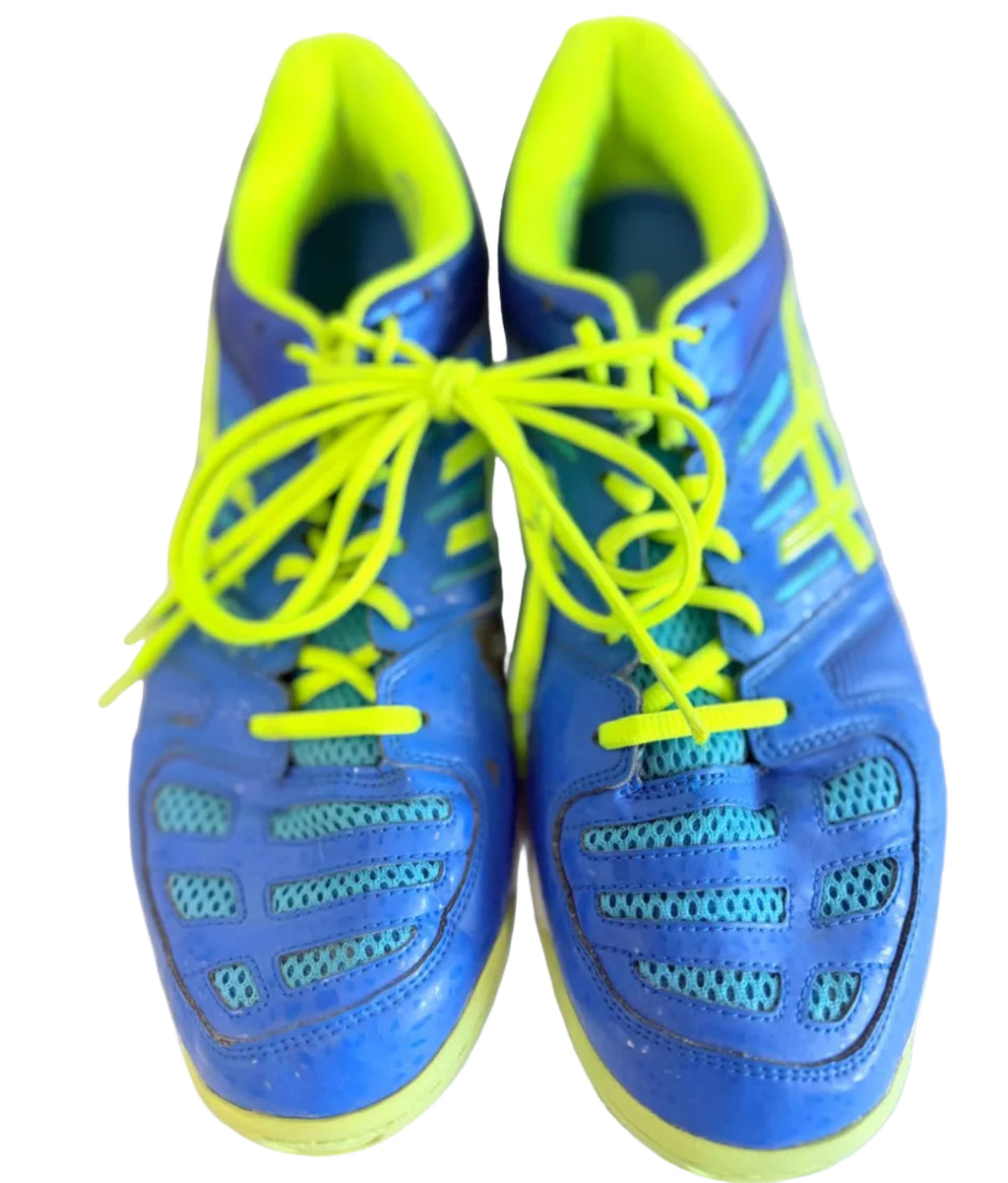 Pair of ASICS blue and yellow indoor court shoes viewed from above