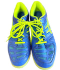 Pair of ASICS blue and yellow indoor court shoes viewed from above