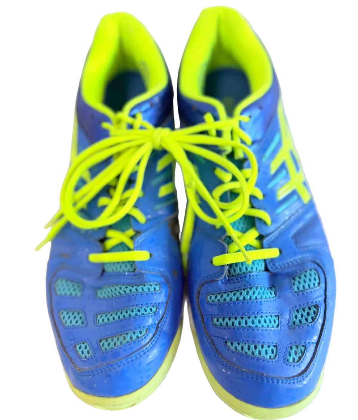 Pair of ASICS blue and yellow indoor court shoes viewed from above