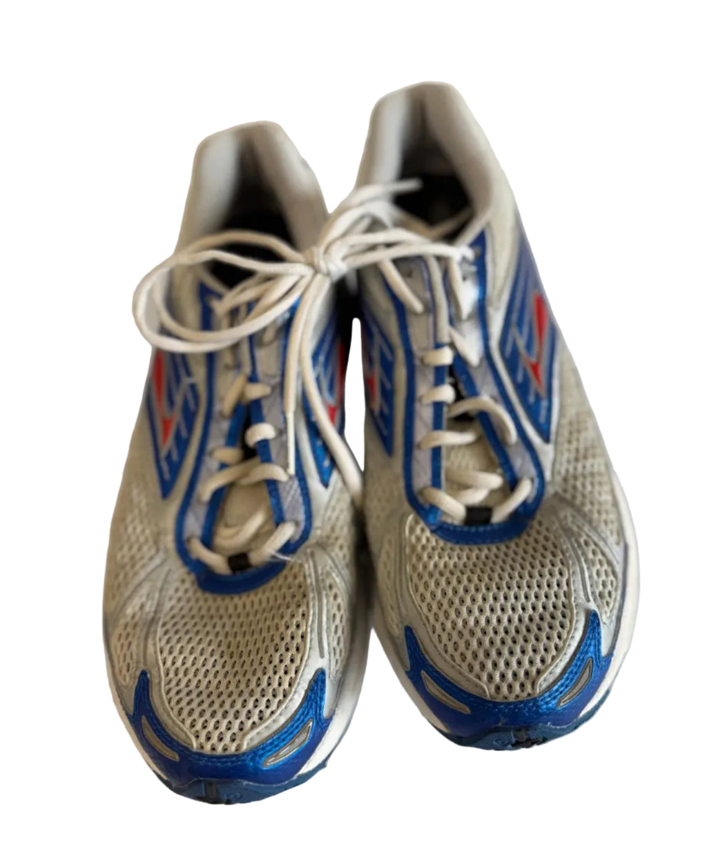Pair of Brooks running trainers in white with blue and red accents front view