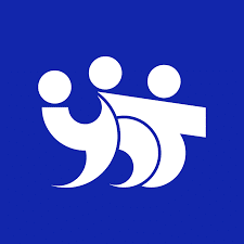 White icon of three people on a blue background