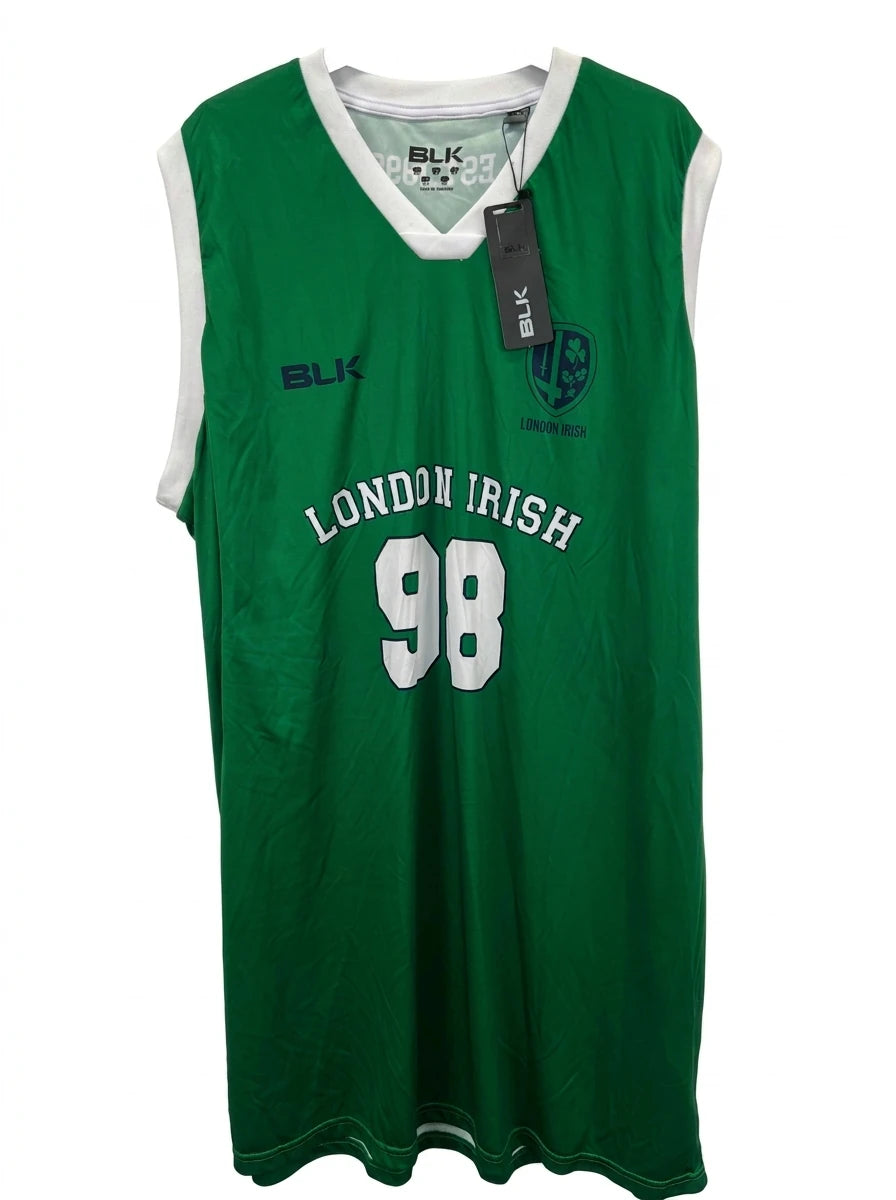 Enhanced Front view of men’s London Irish rugby sleeveless training top in green with white trims and number 98