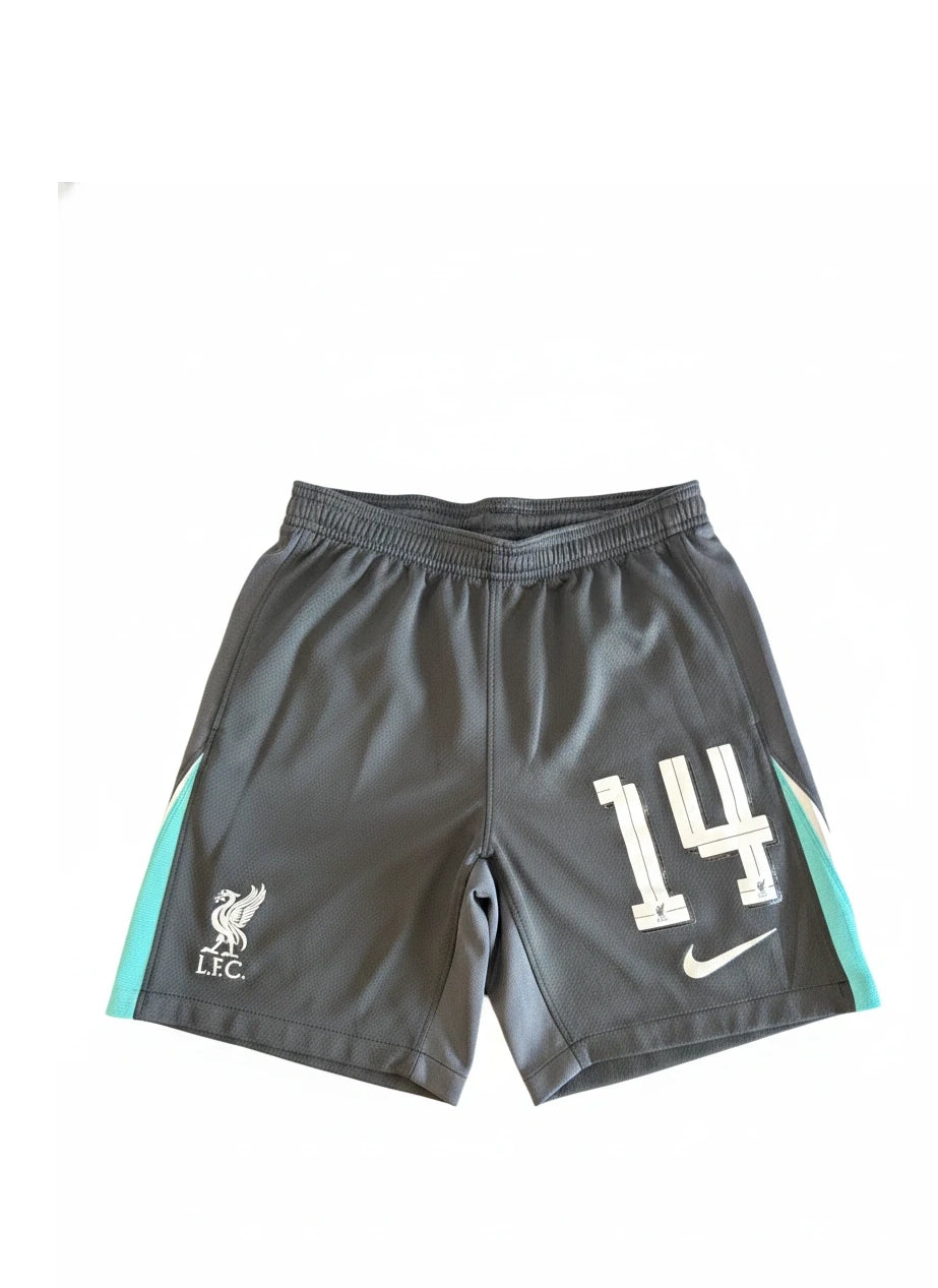 A pair of grey Liverpool Kids Football Kit Chiesa 14 Nike Dri-FIT shorts with a white number 14, the Liverpool FC crest, and a Nike swoosh.