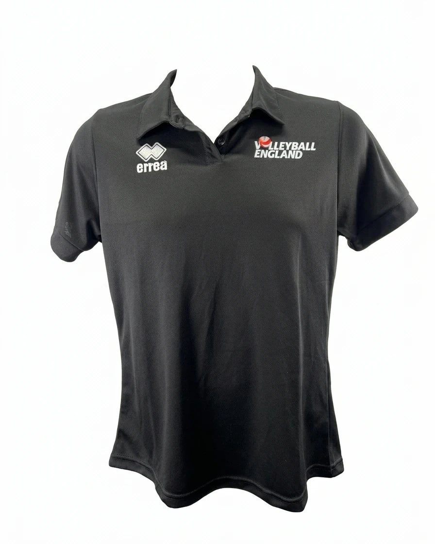 Enhanced Front view of Women's Volleyball England black polo shirt small size