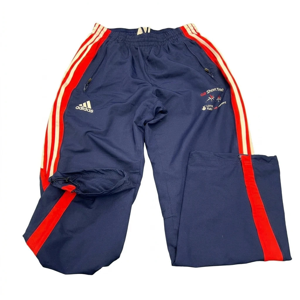 Enhanced Front view of Adidas Team GB short track navy tracksuit bottoms with red and white side stripes and zippered pockets