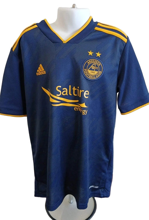 Front view of Adidas Aberdeen FC navy football shirt with yellow accents and logos