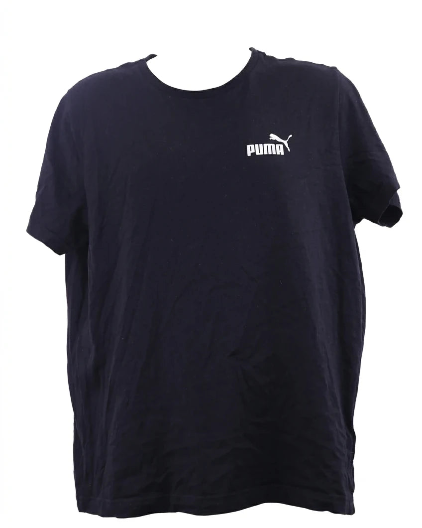 A black Men's Puma Short Sleeved T-Shirt with the white Puma logo is displayed on a ghost mannequin against a clean, solid white background.