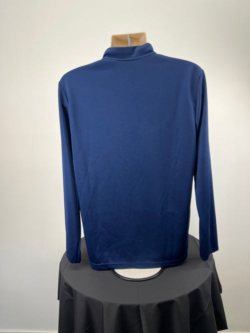 Back view of adidas AEROREADY 1/2 zip long sleeve blue top