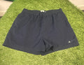 Navy Adidas athletic shorts with drawstring, laid flat