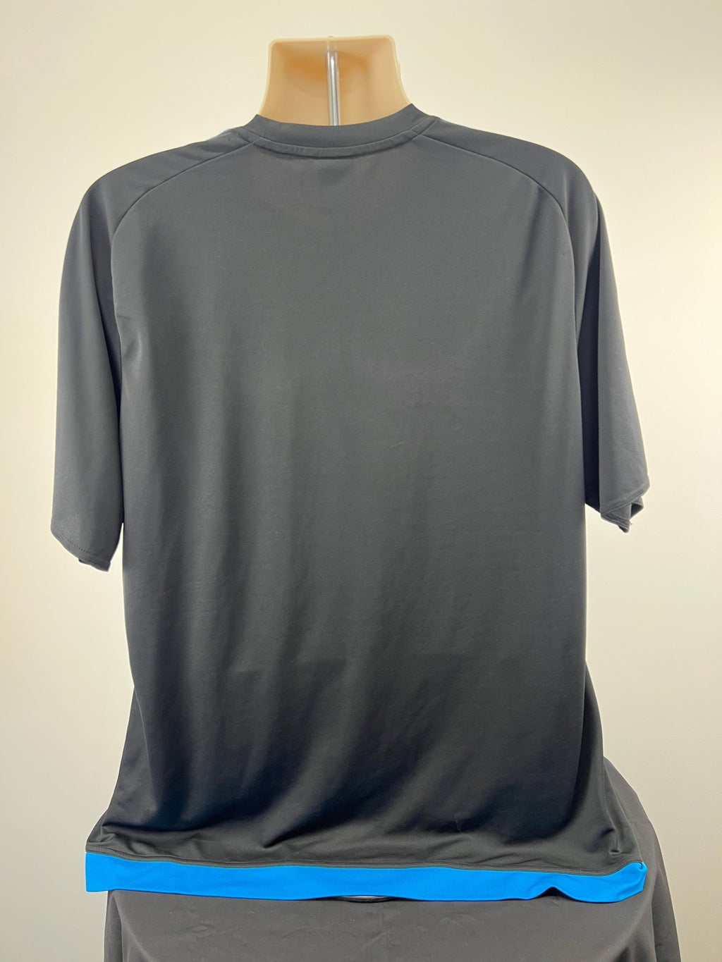 Back view of adidas Climalite black t-shirt with blue accents, size 2XL