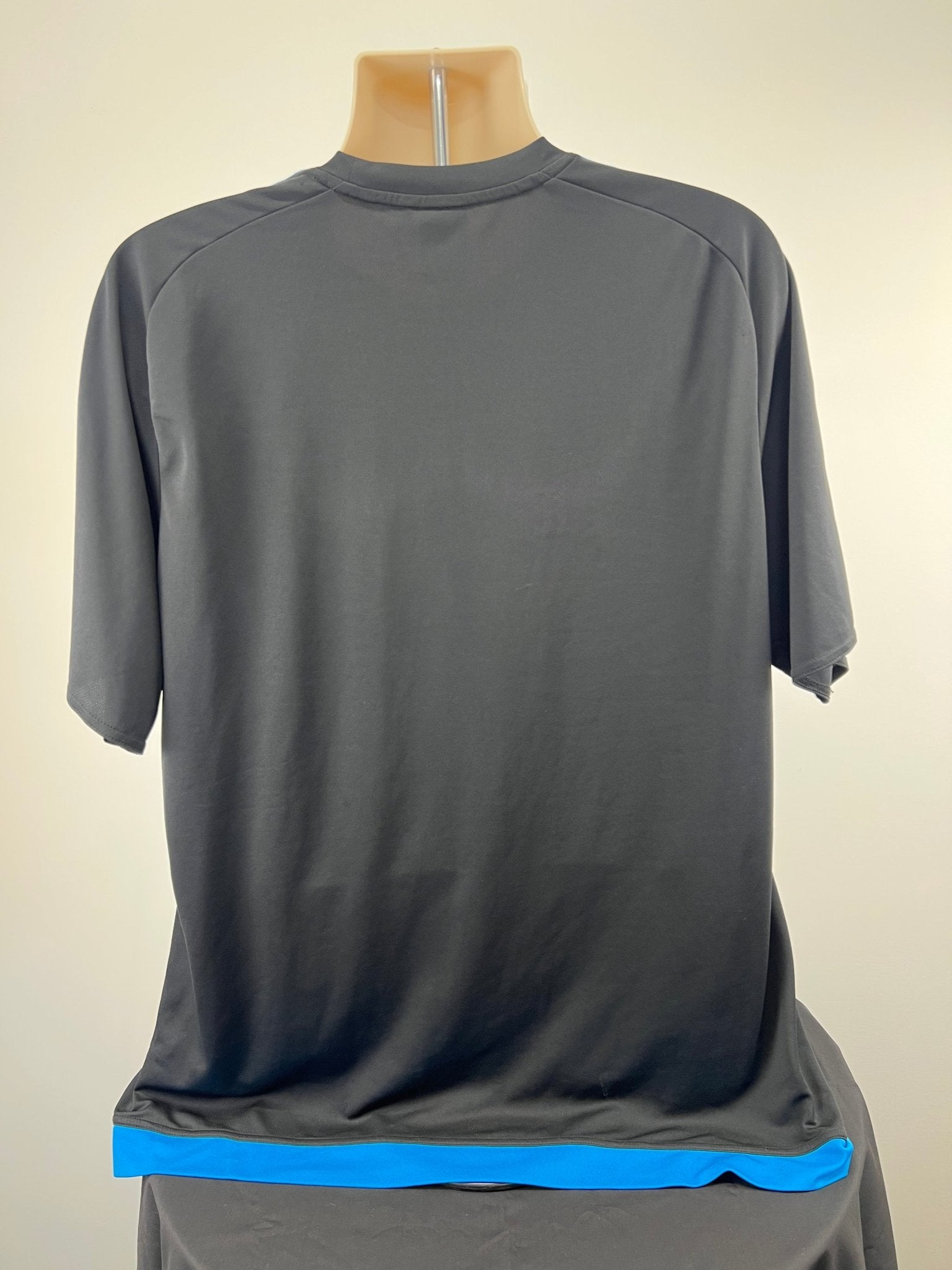 Back view of adidas Climalite black t-shirt with blue accents, size 2XL