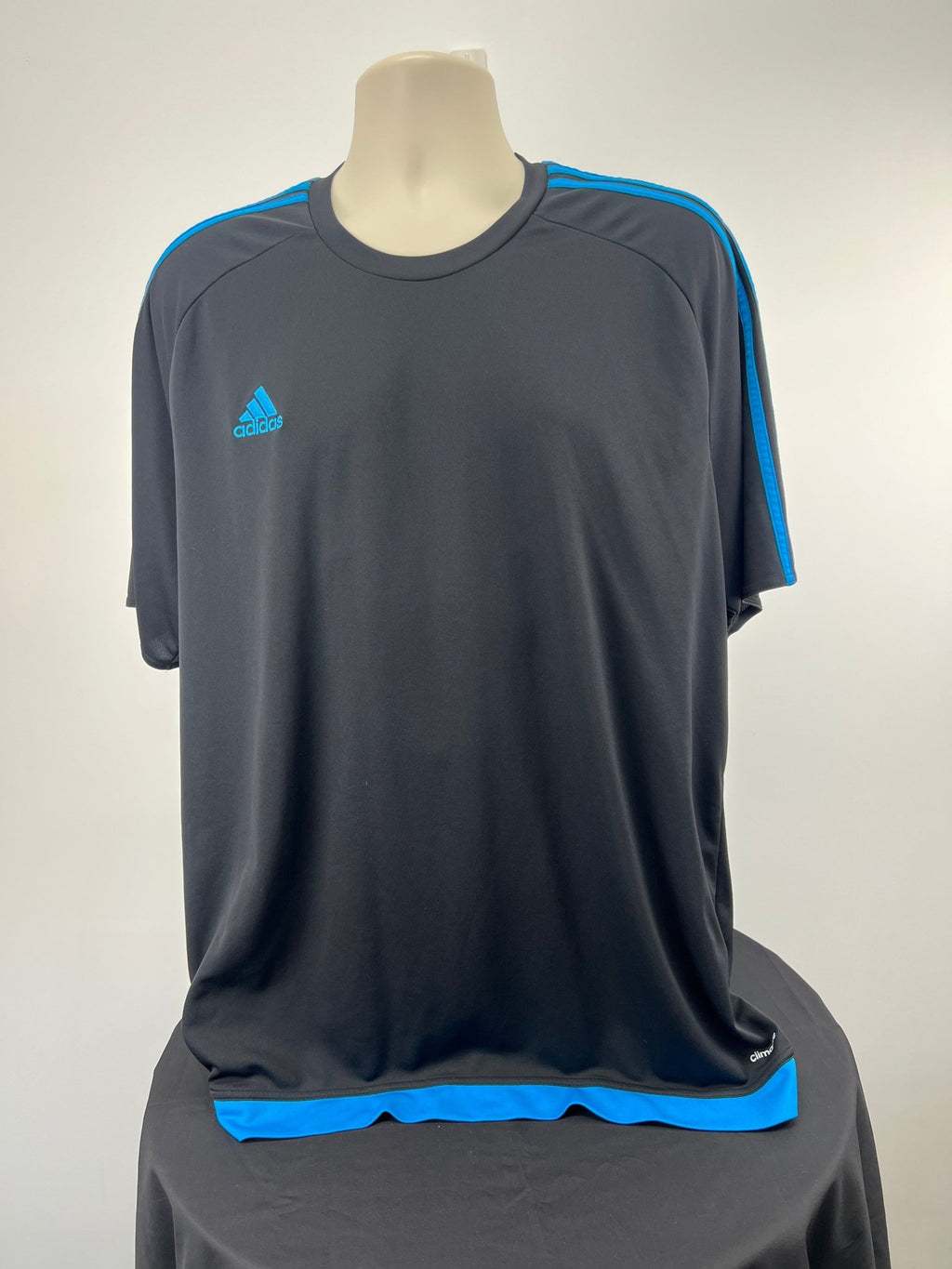 Front view of adidas Climalite black t-shirt with blue accents, size 2XL