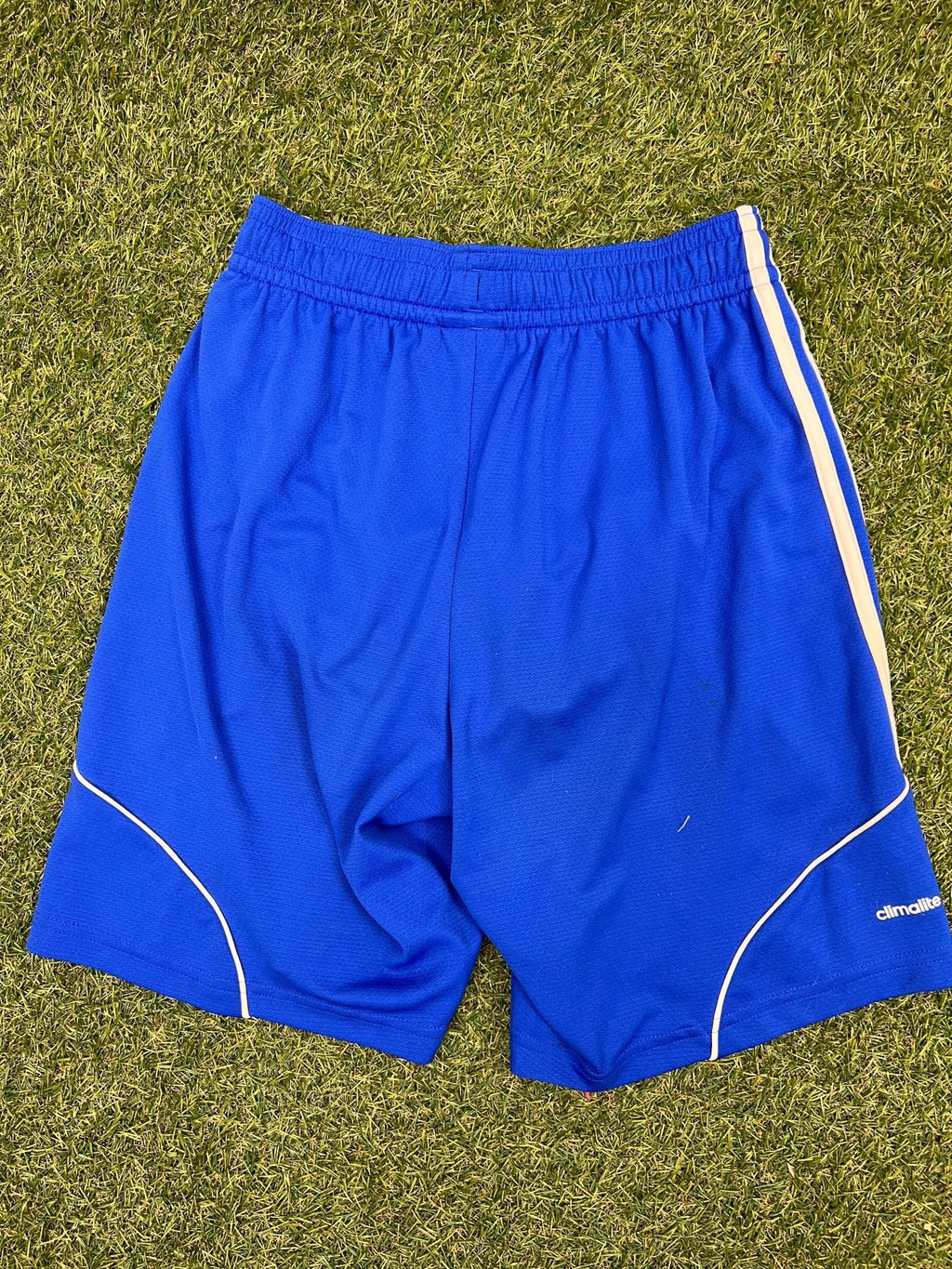Back view of blue adidas Climalite sports shorts