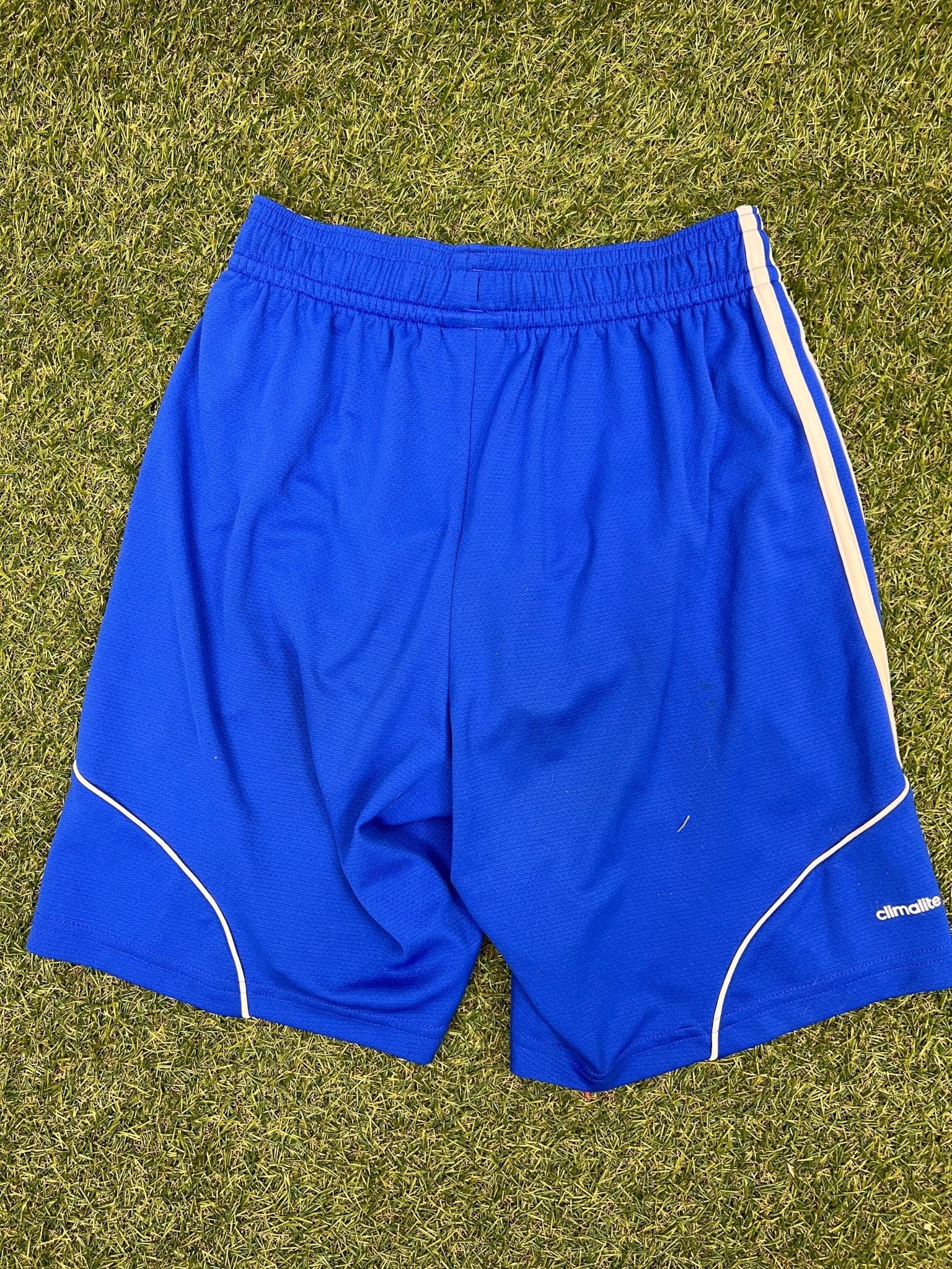 Back view of blue adidas Climalite sports shorts