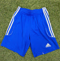 Front view of blue adidas Climalite sports shorts with white stripes