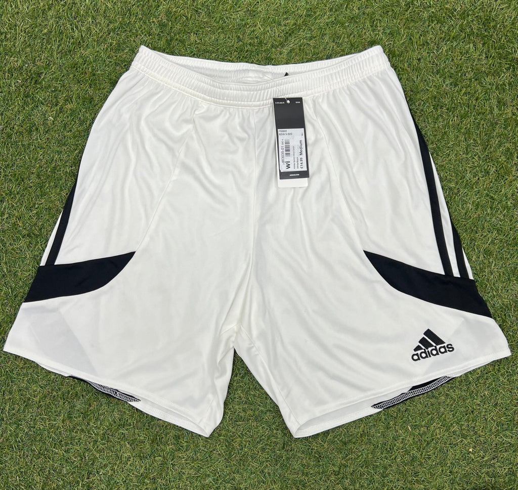 Front view of adidas white Climalite sports shorts with black accents