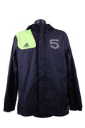 Front view of Adidas lightweight black running jacket with green accent and reflective number 5