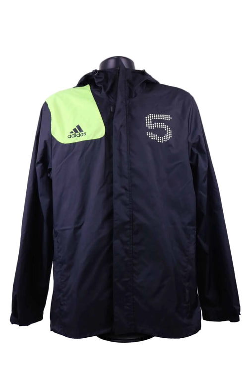 Front view of Adidas lightweight black running jacket with green accent and reflective number 5