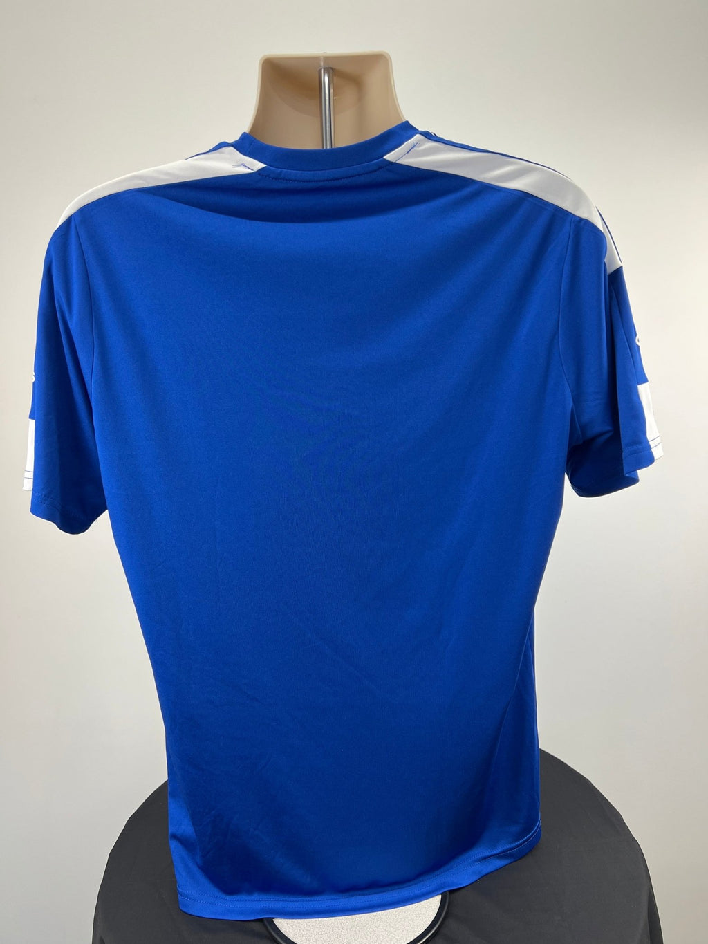 Back view of blue adidas slim fit T-shirt, size L.