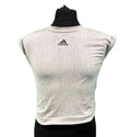 Front view of a light grey Adidas mesh training top for women displayed on a mannequin with a green background