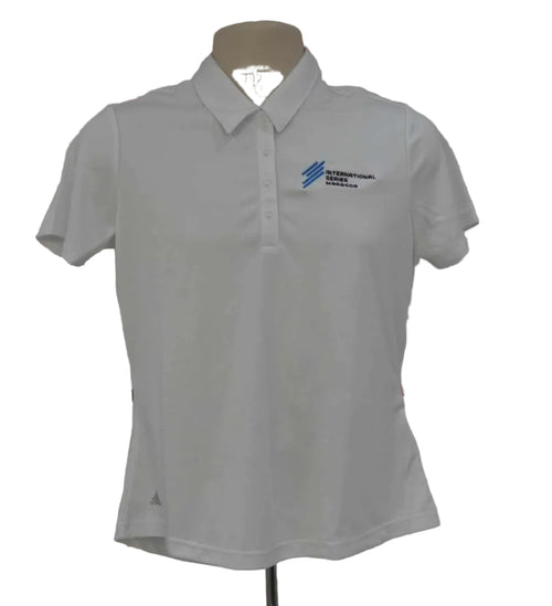 Front view of adidas Performance Polo Shirt in white with International Series Morocco logo