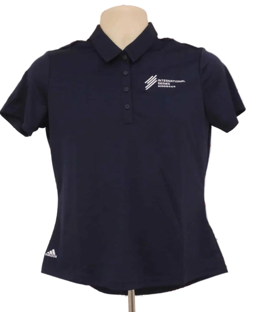 Front of adidas navy performance polo shirt with International Series Morocco logo