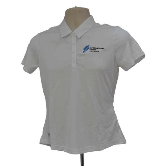 Front view of white adidas Performance Polo Shirt with International Series Morocco logo displayed on mannequin