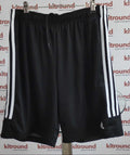 Front view of adidas Sereno black sports shorts with white stripes
