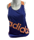 Front view of Adidas Climalite tank top in blue with orange accents and large logo