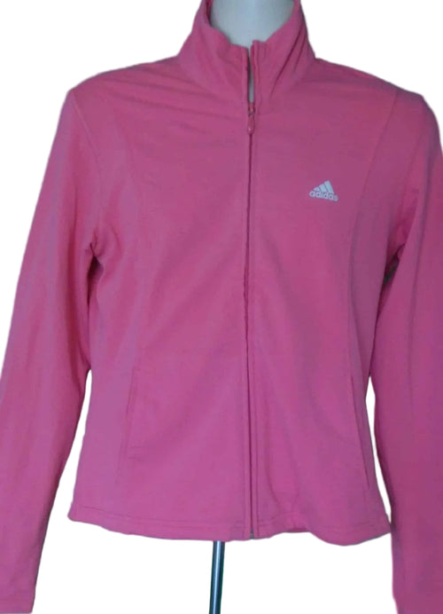 Front view of pink adidas Clima365 full zip sports jacket on mannequin