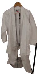 Blitz white martial arts suit with jacket, trousers, and belt on hanger front view