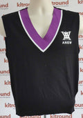 Front view of Anew sleeveless black golf jumper with purple and white v-neck trim