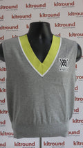 Front view of Anew sleeveless grey golf jumper with lime v-neck detail