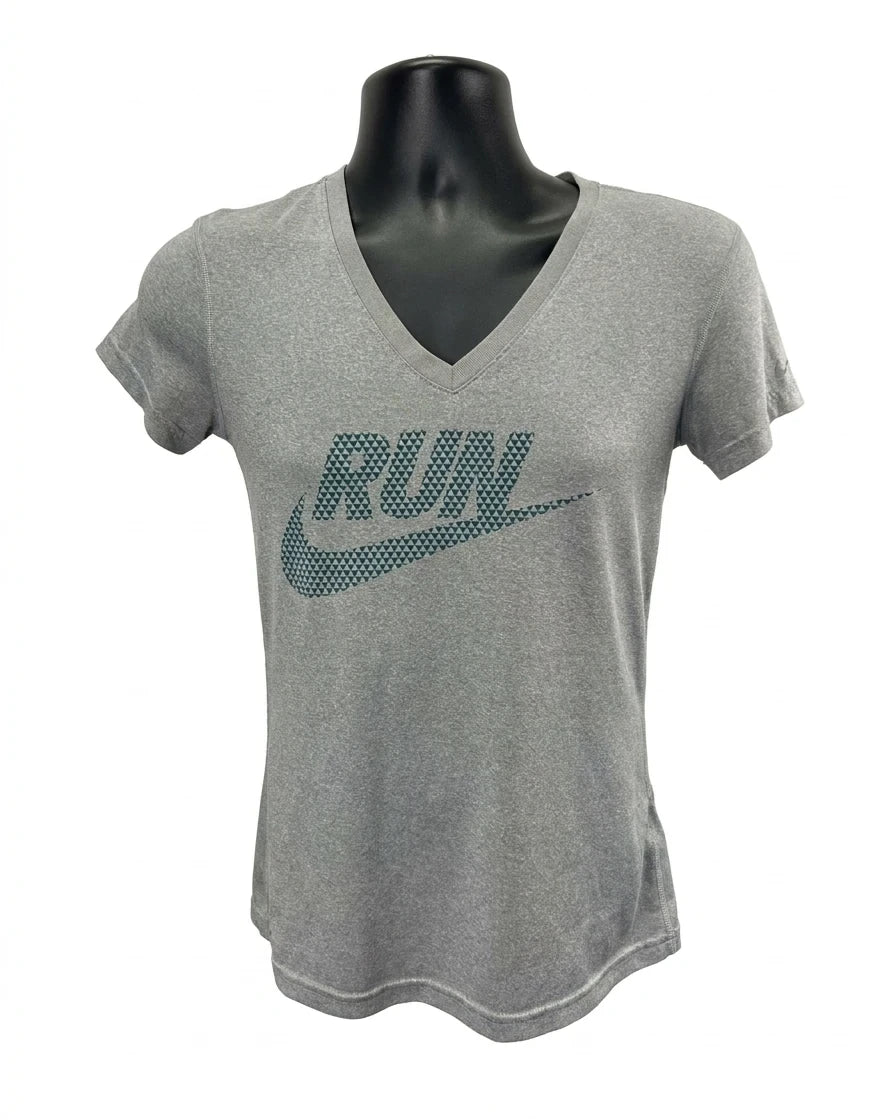Nike Grey V-Neck Running T-Shirt XS with Front Print