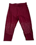 Enhanced Front view of burgundy Gymshark cropped leggings with patterned detailing on lower legs