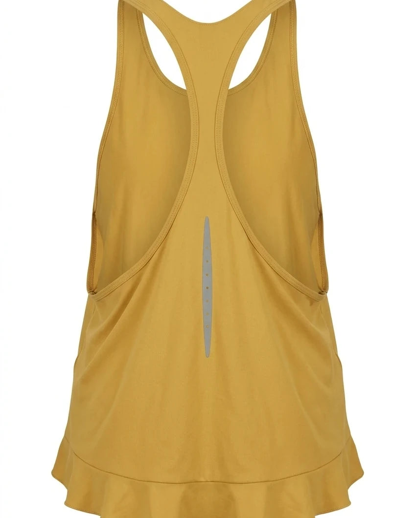 Women's Nike Dri-Fit Running Vest isolated on a solid white background, displaying its racerback design and reflective strip.