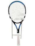 Front view of Babolat Pure Drive Team Tennis Racquet with blue and black frame and white grip