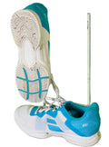 Pair of Babolat SFX3 white and blue trainers showing side and sole