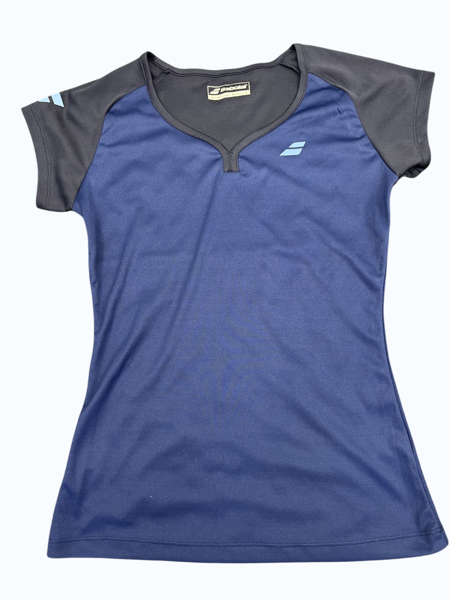 Women's Babolat black and blue short-sleeve tennis t-shirt with v-neck and logo detail.