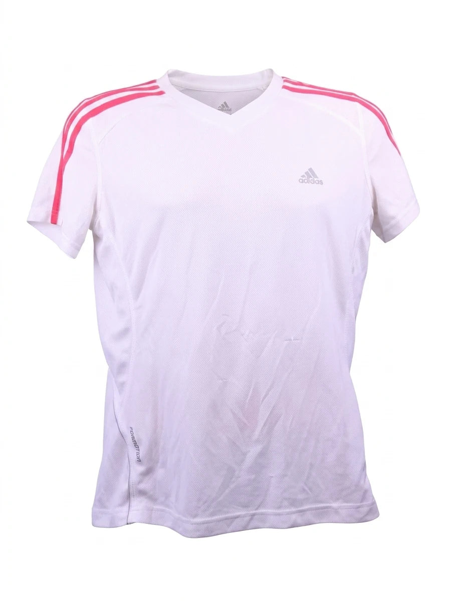 A photorealistic product shot of an adidas white v-neck short-sleeved t-shirt with pink stripes on the shoulders, isolated on a clean white background.
