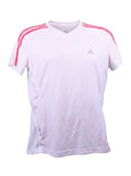 A photorealistic product shot of an adidas white v-neck short-sleeved t-shirt with pink stripes on the shoulders, isolated on a clean white background.