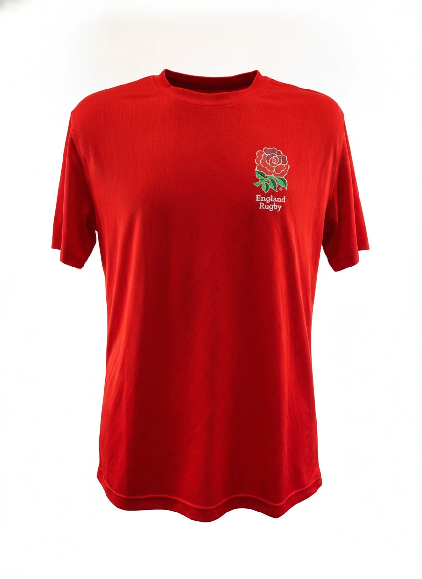 A vibrant red England Rugby team t-shirt with the iconic rose emblem and "England Rugby" text on the chest, presented on a clean white background.